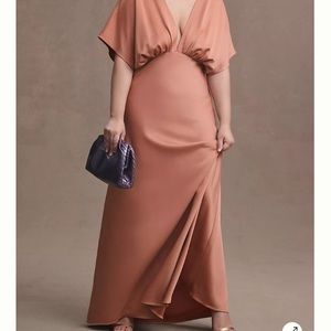 BHLDN Leila Deep-V Flutter-Sleeve Satin A-Line Gown in color Sedona